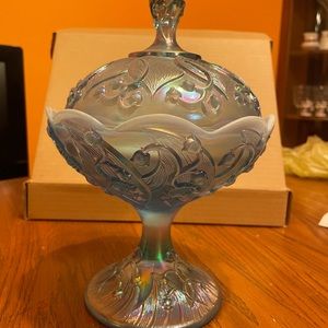 Blue carnival glass dish with lid vintage